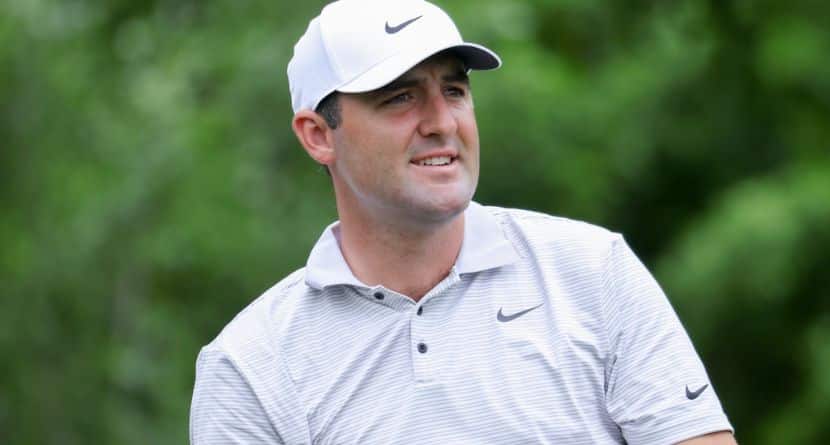Scottie Scheffler watches his drive on the sixth tee during the first round of the CJ Cup Byron Nelson golf tournament, Thursday, May 1, 2025, in McKinney, Texas. (AP Photo/Gareth Patterson)