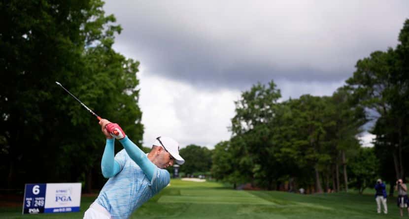 Sergio Garcia, of Spain, hits his tee shot on the sixth hole during a practice round for the PGA Championship golf tournament at the Quail Hollow Club, Tuesday, May 13, 2025, in Charlotte, N.C. (AP Photo/George Walker IV)