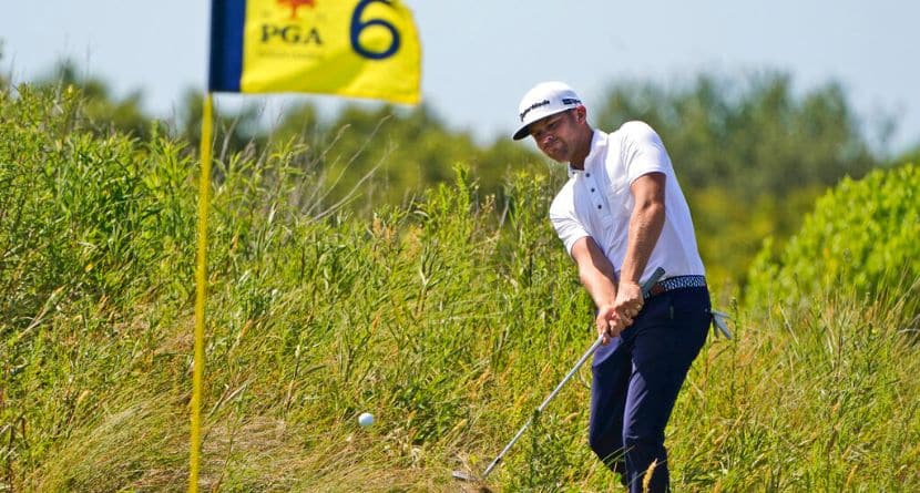 Tyler Collet chips to the sixth hole during the second round of the PGA Championship golf tournament on the Ocean Course Friday, May 21, 2021, in Kiawah Island, S.C. (AP Photo/Chris Carlson)