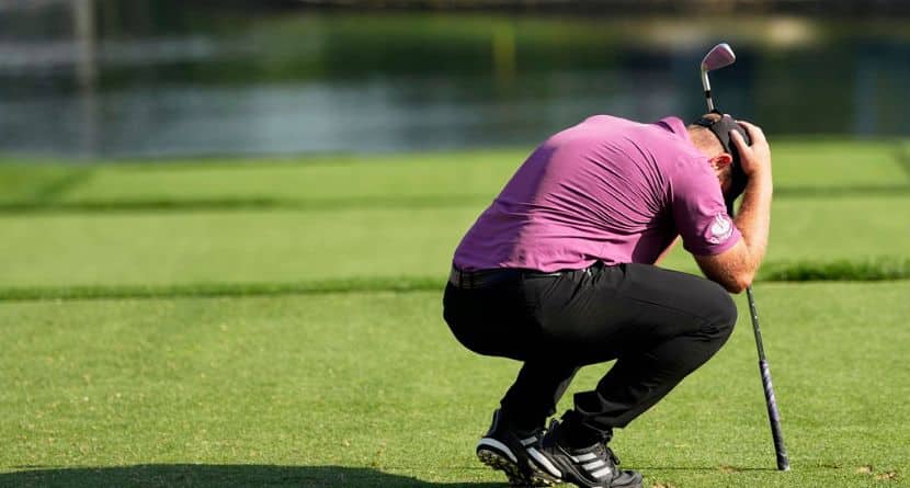 Tyrrell Hatton, of England, reacts to his tee shot on the 17th hole during the first round of the PGA Championship golf tournament at the Quail Hollow Club, Thursday, May 15, 2025, in Charlotte, N.C. (AP Photo/David J. Phillip)