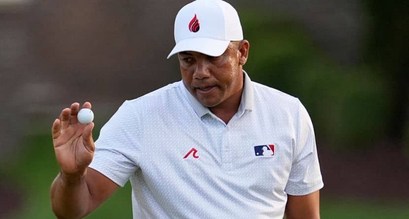 Jhonattan Vegas, of Venezuela, waves after making a putt on the seventh hole during the first round of the PGA Championship golf tournament at the Quail Hollow Club, Thursday, May 15, 2025, in Charlotte, N.C. (AP Photo/George Walker IV)