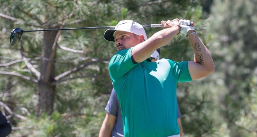 Adrien Saddier watches his tee shot during the first round of the Barracuda Championship golf tournament at the Tahoe Mt. Club's Old Greenwood golf course in Truckee, Calif., Thursday, July 20, 2023. (AP Photo/Tom R. Smedes)