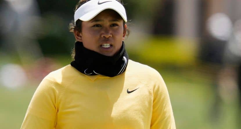Amari Avery looks over the 12th hole during the third round of the U.S. Women's Open golf tournament at the Pebble Beach Golf Links, Saturday, July 8, 2023, in Pebble Beach, Calif. (AP Photo/Godofredo A. Vásquez)
