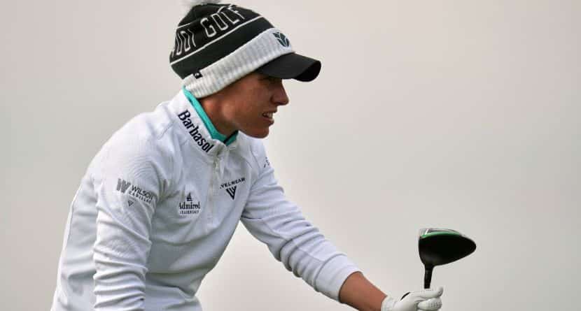 Carlota Ciganda, of Spain, watches her drive on the third hole during the first round of the U.S. Women's Open golf tournament at Erin Hills Thursday, May 29, 2025, in Erin, Wis. (AP Photo/Jeff Roberson)