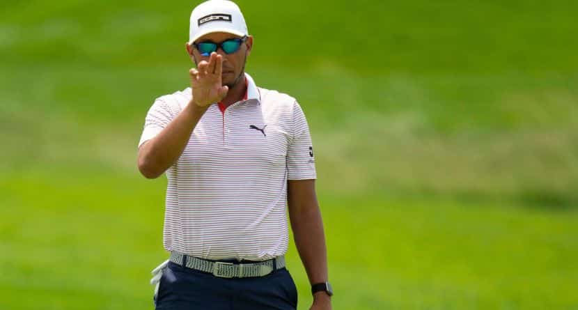 Chase Johnson lines up a putt on the fifth hole during a practice round ahead of the U.S. Open golf tournament at Oakmont Country Club Tuesday, June 10, 2025, in Oakmont, Pa. (AP Photo/Seth Wenig)