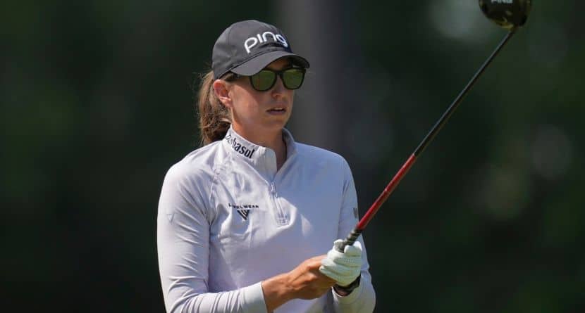 Elizabeth Szokol stands on the second tee during the third round of the Chevron Championship LPGA golf tournament Saturday, April 26, 2025, in The Woodlands, Texas. (AP Photo/Eric Gay)