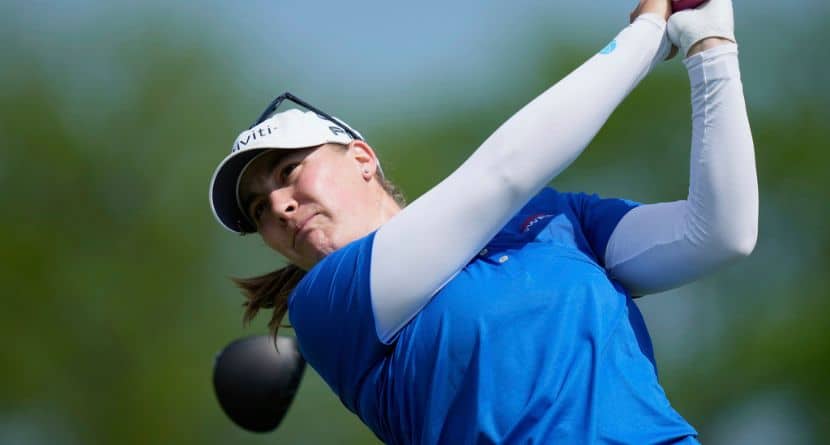 Jennifer Kupcho hits from the seventh tee during the first round of the Mizuho Americas Open LPGA golf tournament, Thursday, May 8, 2025, in Jersey City, N.J. (AP Photo/Seth Wenig)