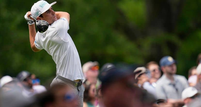 Joaquin Niemann watches his tee shot on the ninth hole during the second round of the PGA Championship golf tournament at the Quail Hollow Club, Friday, May 16, 2025, in Charlotte, N.C. (AP Photo/David J. Phillip)
