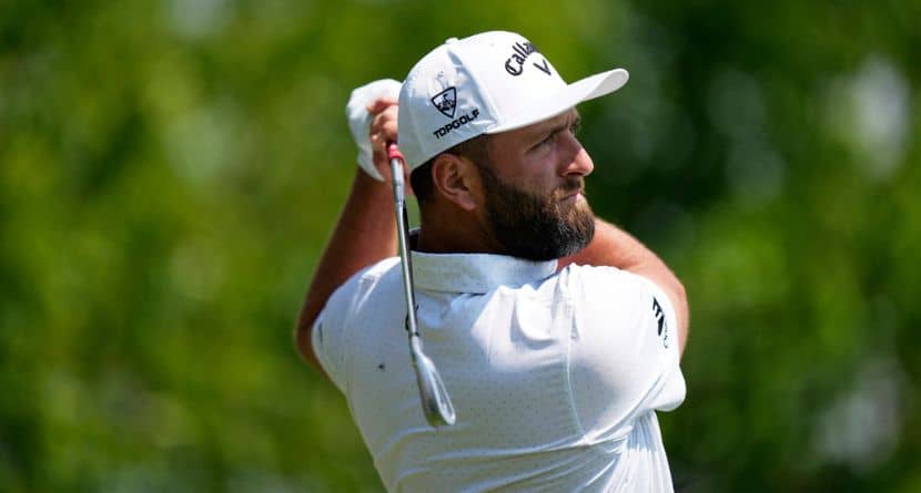 Jon Rahm, of Spain, tees off on the 13th hole during a practice round ahead of the U.S. Open golf tournament at Oakmont Country Club Tuesday, June 10, 2025, in Oakmont, Pa. (AP Photo/Charlie Riedel)