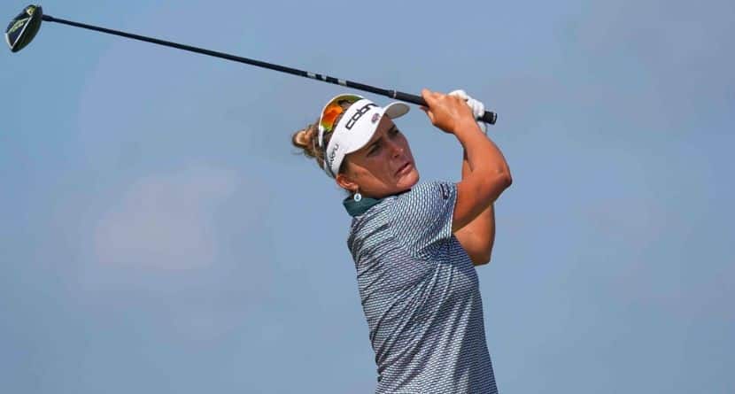 Lexi Thompson watches her tee shot on the sixth hole during the second round of the Women's PGA Championship golf tournament Friday, June 20, 2025, in Frisco, Texas. (AP Photo/LM Otero)