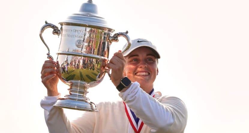 Maja Stark, of Sweden, holds her winning trophy after winning the U.S. Women's Open golf tournament at Erin Hills Sunday, June 1, 2025, in Erin, Wis. (AP Photo/Jeff Roberson)