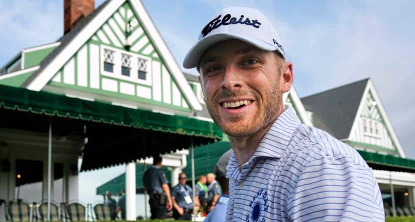 Matt Vogt walks past the clubhouse to the first tee for a practice round for the 2025 US Open golf championship at Oakmont Country Club in Oakmont, Pa. Monday, June 9, 2025. (AP Photo/Gene J. Puskar)