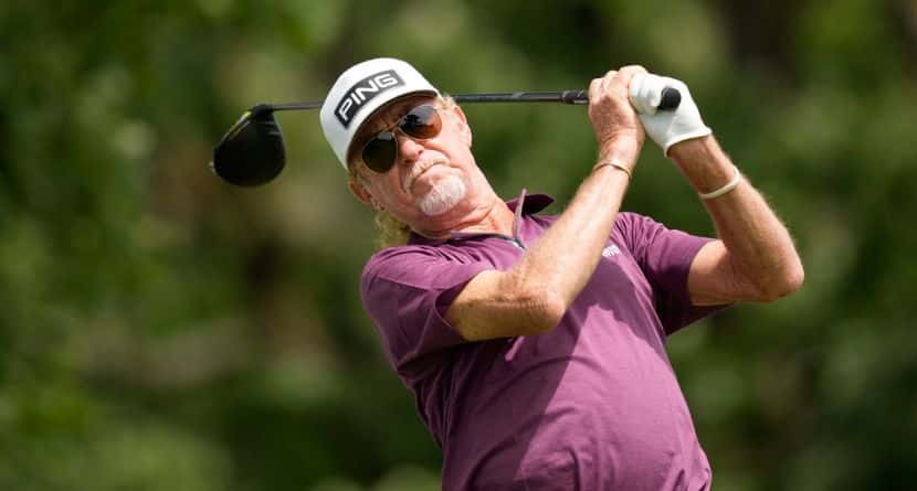 Miguel Angel Jiménez hits off the third tee during the first round of the Champions Tour Principal Charity Classic golf tournament, Friday, May 31, 2024, in Des Moines, Iowa. (AP Photo/Charlie Neibergall)