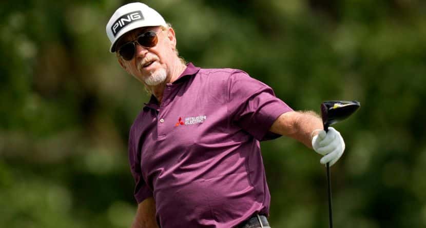 Miguel Angel Jiménez watches his shot off the third tee during the first round of the Champions Tour Principal Charity Classic golf tournament, Friday, May 31, 2024, in Des Moines, Iowa. (AP Photo/Charlie Neibergall)