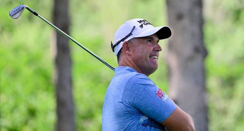 Padraig Harrington follows the flight of his shot off the 16th hole tee box during the second round of the U.S. Senior Open Championship golf tournament at Broadmoor Golf Club, Friday, June 27, 2025, in Colorado Springs, Colo. (Andy Cross/The Denver Post via AP)