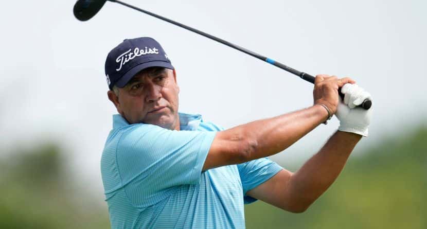 Ricardo Gonzalez hits off the third tee during the final round of the Champions Tour Principal Charity Classic golf tournament, Sunday, June 2, 2024, in Des Moines, Iowa. (AP Photo/Charlie Neibergall)