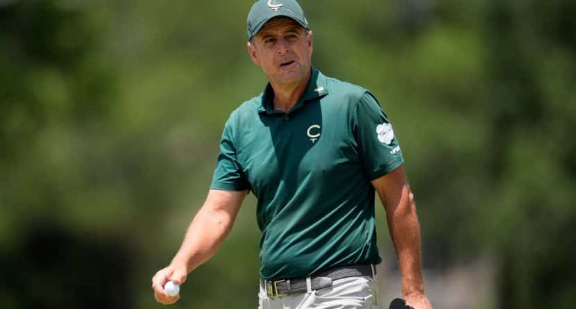 Richard Bland reacts after missing a putt on the fourth hole during the third round of the PGA Championship golf tournament at the Quail Hollow Club, May 17, 2025, in Charlotte, N.C. (AP Photo/George Walker IV)