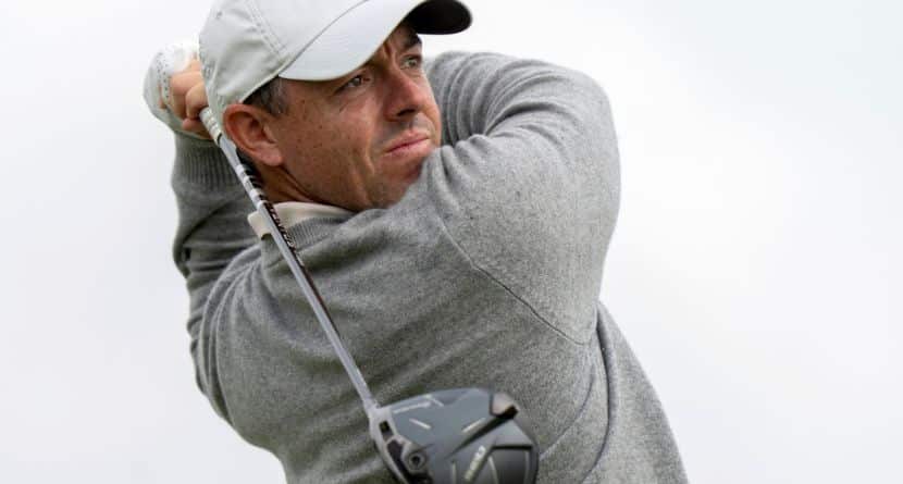 Rory McIlroy, of Northern Ireland, watches his drive on the 18th hole during the first round of the Canadian Open golf tournament in Caledon, Ontario, Thursday, June 5, 2025. (Frank Gunn/The Canadian Press via AP)