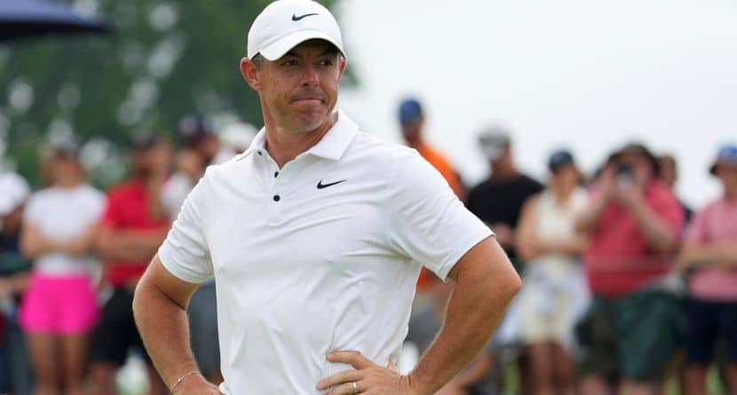 Rory McIlroy, of Northern Ireland, stands on the 11th green after putting in during the final round of the U.S. Open golf tournament at Oakmont Country Club Sunday, June 15, 2025, in Oakmont, Pa. (AP Photo/Gene J. Puskar)