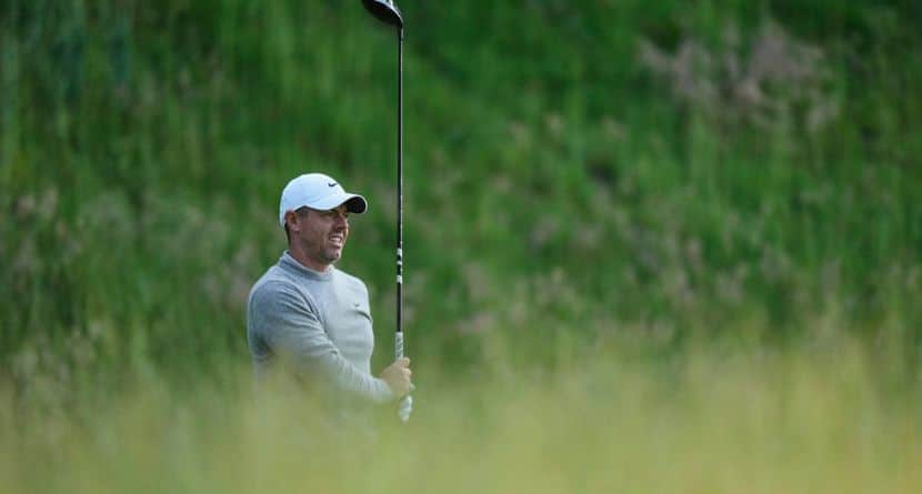Rory McIlroy, of Northern Ireland, watches his shot on the seventh hole during a practice round ahead of the U.S. Open golf tournament at Oakmont Country Club Wednesday, June 11, 2025, in Oakmont, Pa. (AP Photo/Charlie Riedel)