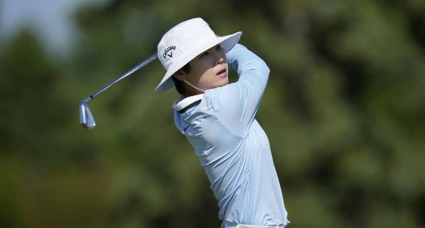 Somi Lee, of South Korea, hits off the 4th tee during the final round of the Mizuho Americas Open LPGA golf tournament, Sunday, May 11, 2025, in Jersey City, N.J. (AP Photo/Seth Wenig)
