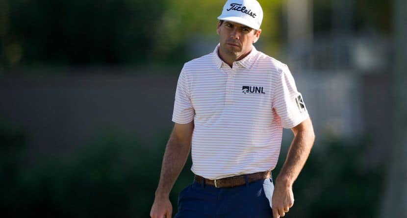 Ben Martin reacts after missing a shot on the 16th green during the second round of the Sony Open golf event, Friday, Jan. 10, 2025, at Waialae Country Club in Honolulu. (AP Photo/Matt York)