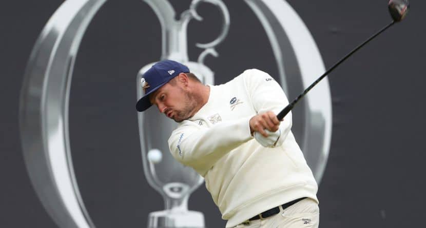 Bryson DeChambeau of the United States play off the 1st tee during the second round of the British Open golf championship at the Royal Portrush Golf Club, Northern Ireland, Friday, July 18, 2025. (AP Photo/Peter Morrison)