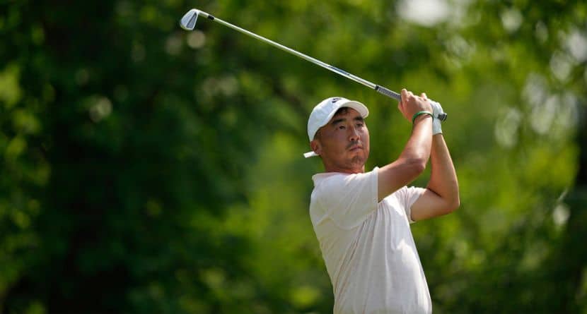 Doug Ghim tees off on the 13th hole during the first round of the U.S. Open golf tournament at Oakmont Country Club Thursday, June 12, 2025, in Oakmont, Pa. (AP Photo/Carolyn Kaster)