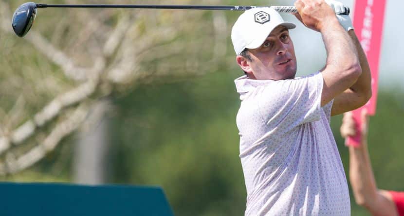 Francesco Molinari, of Italy, watches his tee shot on the second hole during the third round of the Mexico Open golf tournament in Puerto Vallarta, Mexico, Feb. 22, 2025. (AP Photo/Fernando Llano)