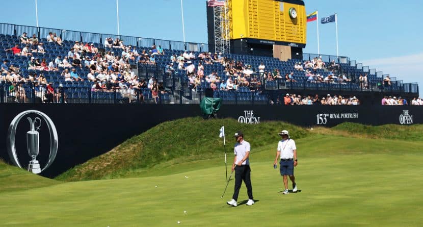 Amateur golfer Frazer Jones of England on the 18th green during a practice round for the 2025 British Open golf championship at Royal Portrush Golf Club, Northern Ireland, Sunday, July 13, 2025. (AP Photo/Peter Morrison)