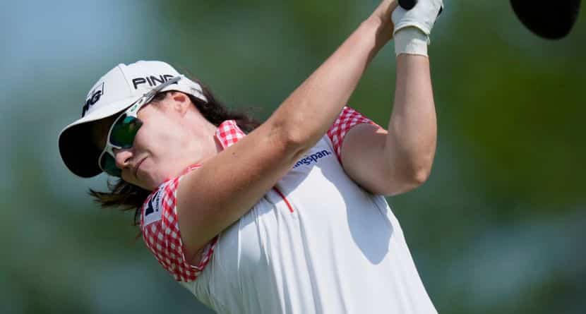Leona Maguire, of Ireland, hits from the seventh tee during the first round of the Mizuho Americas Open LPGA golf tournament, Thursday, May 8, 2025, in Jersey City, N.J. (AP Photo/Seth Wenig)