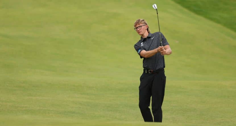 Richard Teder of Estonia plays a shot rom the 1st fairway during a practice round for the British Open golf championship at the Royal Portrush Golf Club, Northern Ireland, Tuesday, July 15, 2025. (AP Photo/Peter Morrison)