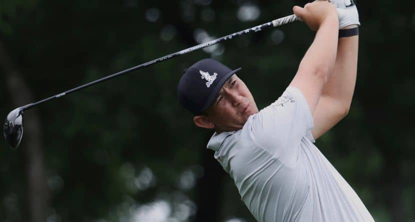 Rico Hoey hits off the ninth tee during the first round of the CJ Cup Byron Nelson golf tournament in McKinney, Texas, Thursday, May 1, 2025. (AP Photo/Gareth Patterson)