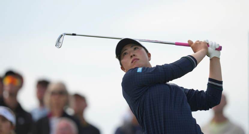 Rio Takeda of Japan competes during the first round of the Women's British Open golf championship, at Royal Porthcawl Golf Club in Porthcawl, Wales, Thursday, July 31, 2025. (AP Photo/Kin Cheung)