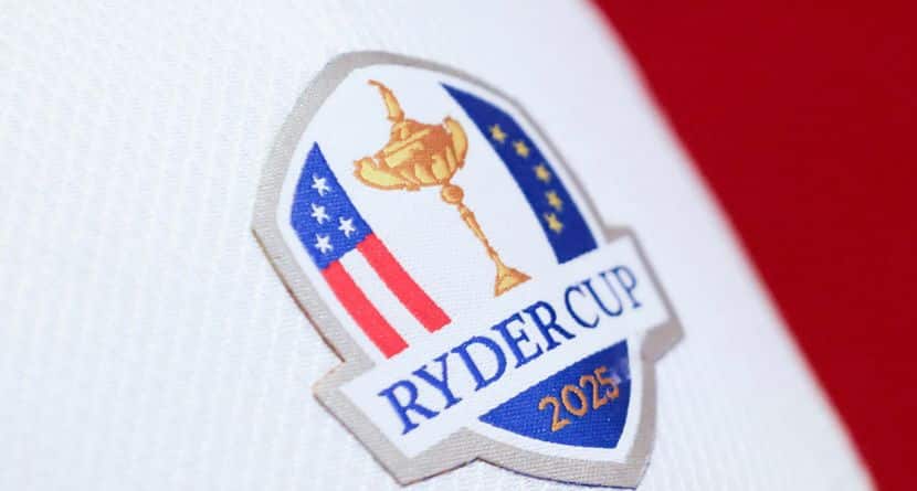 The Ryder Cup logo during a captains press conference in New York, Tuesday, Oct. 8, 2024. (AP Photo/Heather Khalifa)