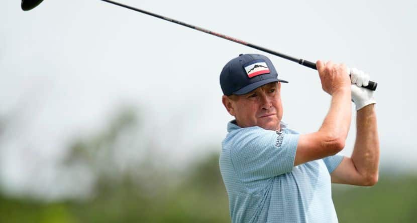 Steve Allan hits off the third tee during the final round of the Champions Tour Principal Charity Classic golf tournament, Sunday, June 2, 2024, in Des Moines, Iowa. (AP Photo/Charlie Neibergall)