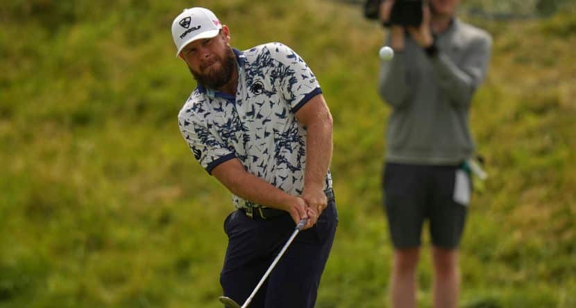 Tyrrell Hatton of England chips onto the 7th green during the second round of the British Open golf championship at the Royal Portrush Golf Club, Northern Ireland, Friday, July 18, 2025. (AP Photo/Francisco Seco)