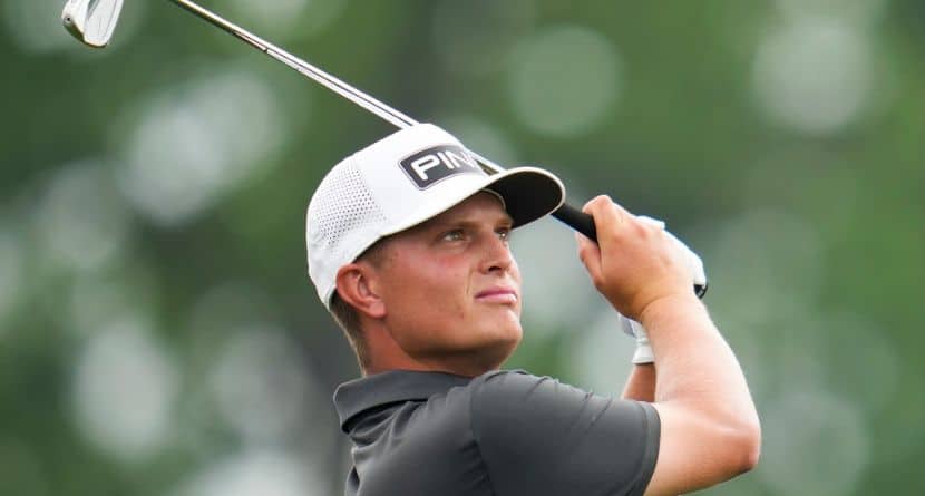 William Mouw hits from the second tee during the final round of the Houston Open golf tournament in Houston, Sunday, March 30, 2025. (AP Photo/Ashley Landis)
