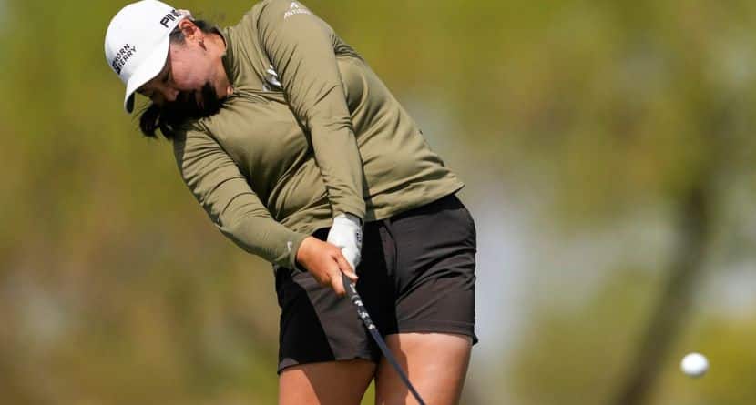 Allisen Corpuz hits from the fourth tee during the final round of the Ford Championship LPGA golf event, Sunday, March 30, 2025, in Chandler, Ariz. (AP Photo/Matt York)
