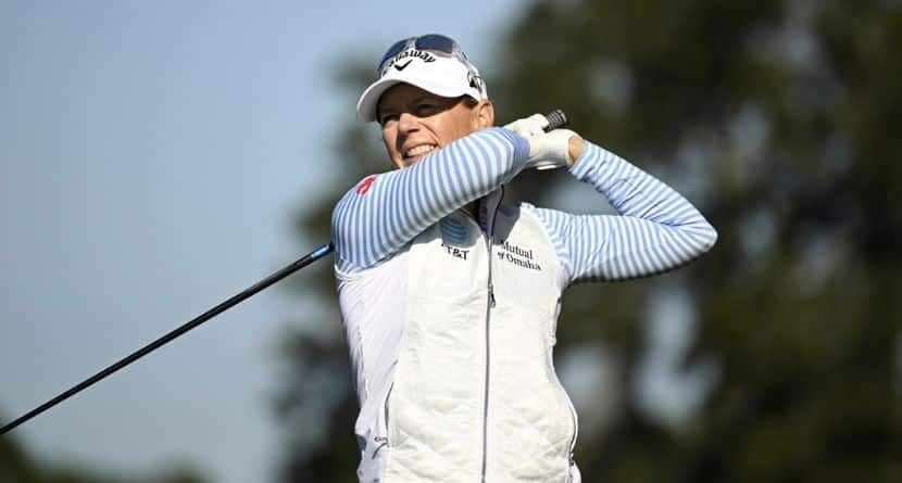 Annika Sorenstam tees off on the second hole during the final round of the PNC Championship golf tournament, Sunday, Dec. 22, 2024, in Orlando, Fla. (AP Photo/Phelan M. Ebenhack)