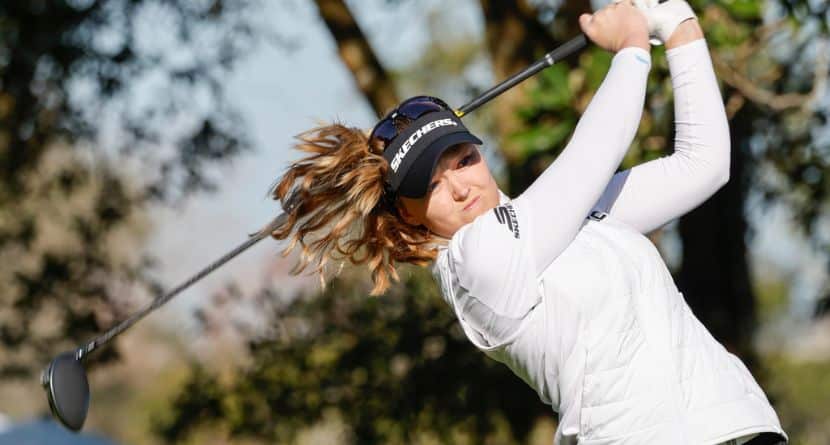 Brooke Henderson tees off the first hole during the first round of the Hilton Grand Vacations Tournament of Champions LPGA golf tournament in Orlando, Fla., Thursday, Jan. 30, 2025. (AP Photo/Kevin Kolczynski)