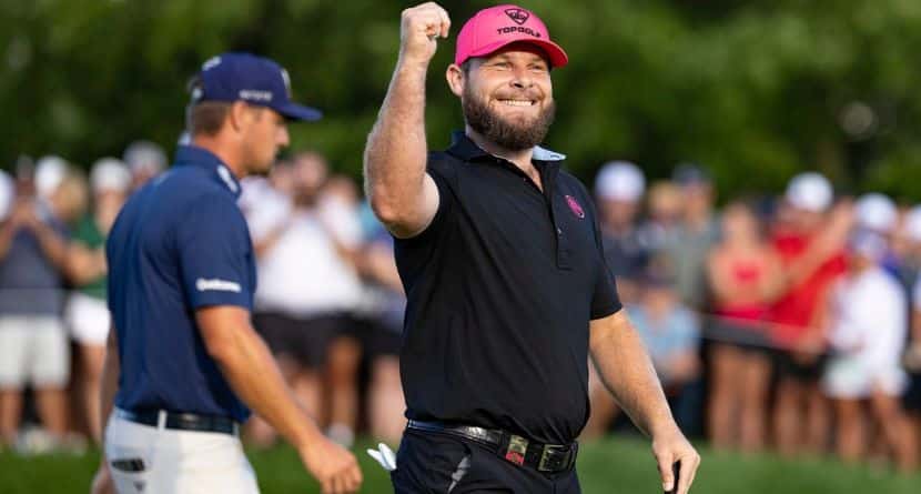 Tyrrell Hatton, of Legion XIII, reacts after his putt on the 18th green during the final round of LIV Golf Team Championship Michigan at The Cardinal at Saint John's, Sunday, Aug. 24, 2025, in Plymouth, Mich. (Scott Taetsch/LIV Golf via AP)