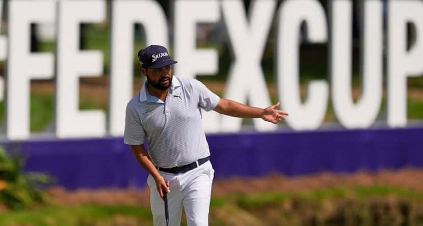 J.J. Spaun reacts to a missed putt on the 14th green during the final round of the St. Jude Championship golf tournament Sunday, Aug. 10, 2025, in Memphis, Tenn. (AP Photo/George Walker IV)