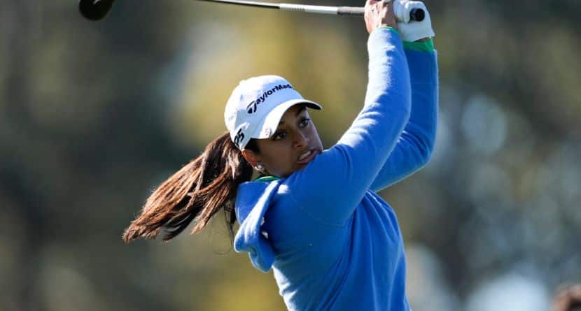 Megha Ganne watches her tee shot on the first hole during the final round of the Augusta National Women's Amateur golf tournament, Saturday, April 6, 2024 in Augusta, Ga. (AP Photo/George Walker IV)