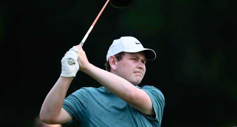Robert MacIntyre, of Scotland, hits from the ninth tee during the first round of the BMW Championship golf tournament Thursday, Aug. 14, 2025, in Owings Mills, Md. (AP Photo/Nick Wass)