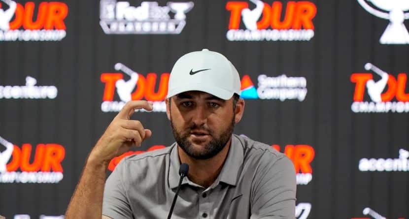 cottie Scheffler speaks before a practice round of the Tour Championship golf tournament, Wednesday, Aug. 20, 2025, in Atlanta. (AP Photo/Mike Stewart)