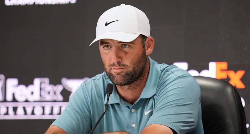 Scottie Scheffler speaks during a news conference after a practice round at the St. Jude Championship golf tournament Wednesday, Aug. 6, 2025, in Memphis, Tenn. (AP Photo/George Walker IV)