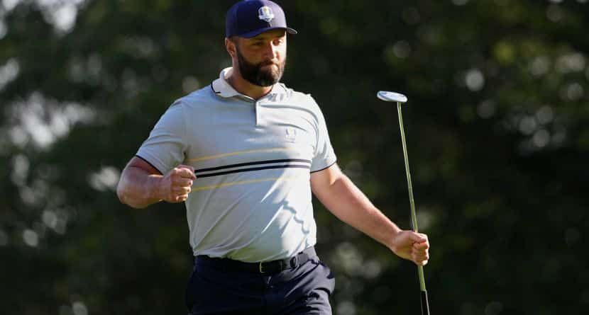 Europe's Jon Rahm celebrates on the 15th hole at Bethpage Black golf course during the Ryder Cup golf tournament, Friday, Sept. 26, 2025, in Farmingdale, N.Y. (AP Photo/Matt Slocum)