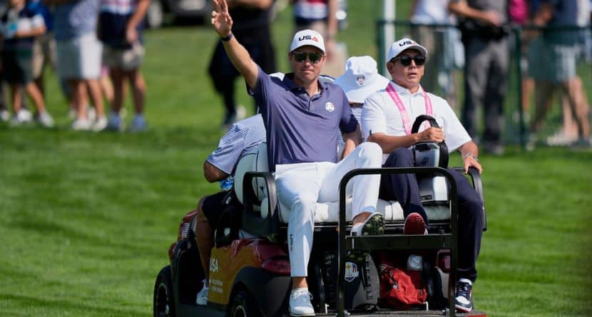 United States' Ben Griffin waves after a practice round for the Ryder Cup golf tournament, Tuesday, Sept. 23, 2025, in Farmingdale, N.Y., at Bethpage State Park's Black Course. (AP Photo/Robert Bukaty)