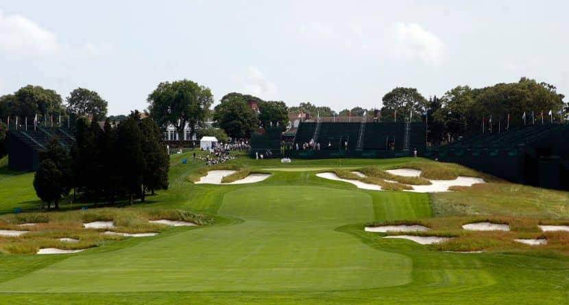 In this June 12, 2009, file photo, Bunkers line the fairway and protect the green on the 18th hole of Bethpage State Park's Black Course in Farmingdale, N.Y. Bethpage is hosting its third major when the PGA Championship starts May 16. (AP Photo/Jason DeCrow)
